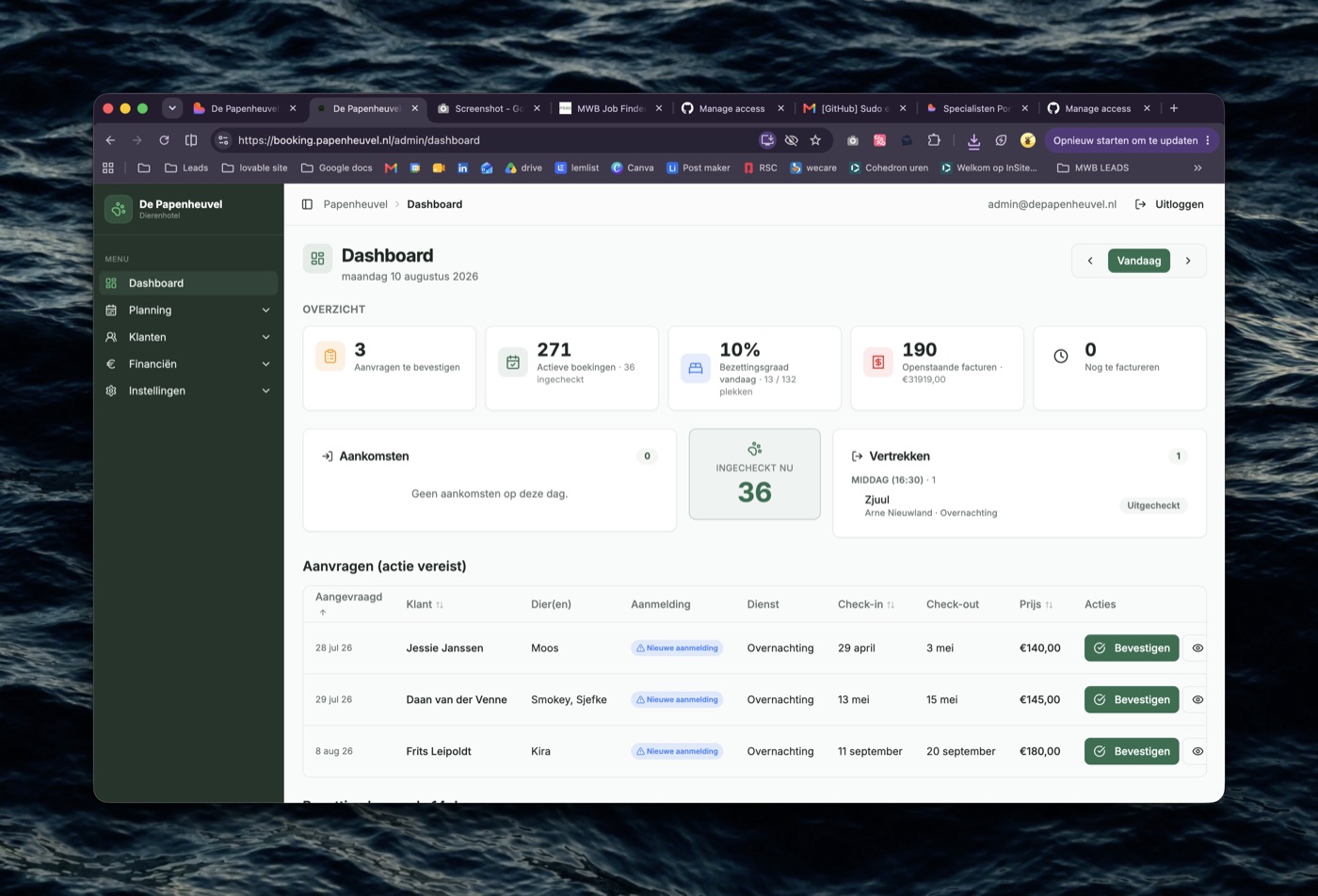De Papenheuvel beheer dashboard met boekingen, bezetting en facturen