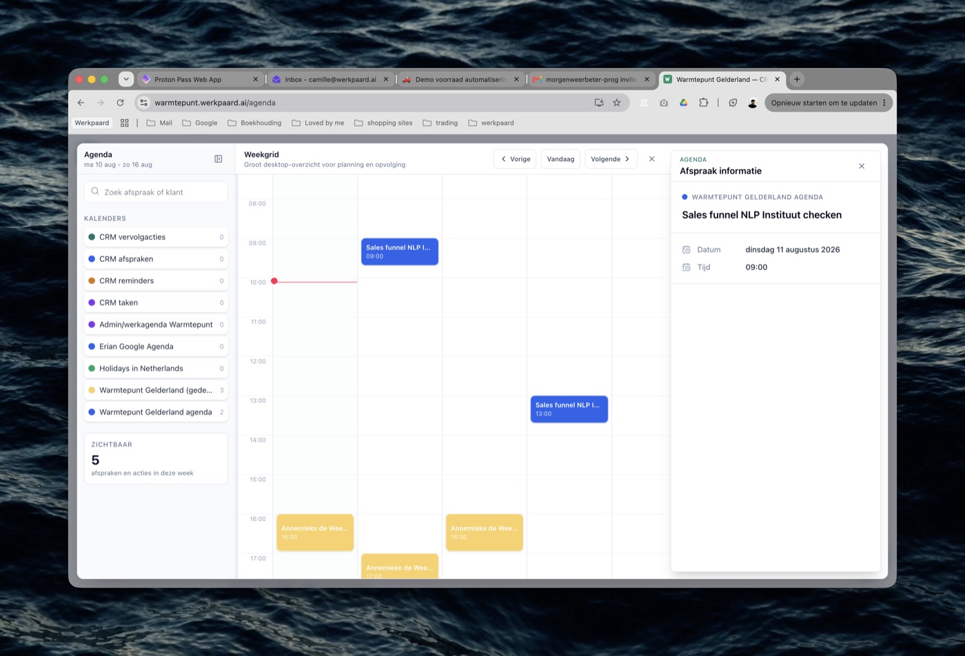 Warmtepunt Gelderland CRM agenda met weekplanning en afspraakinformatie